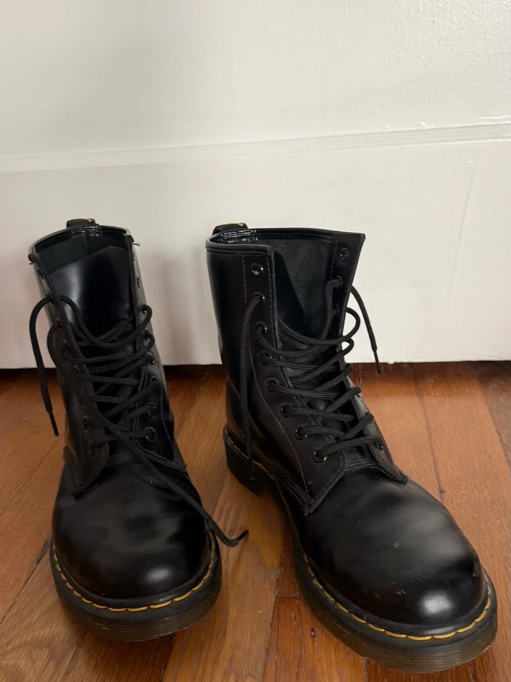 Dr. Martens 1460 Black Leather 8-Eye Lace-Up Boots with Yellow Snitching